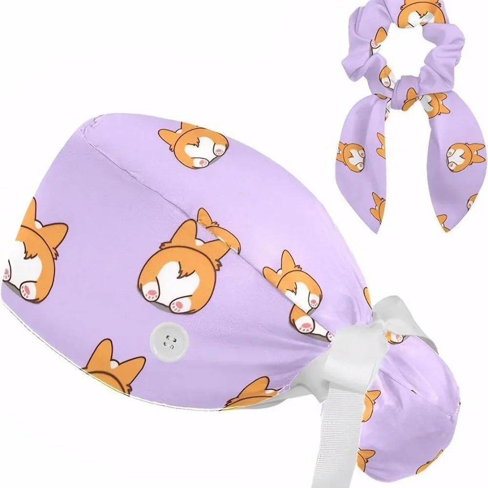 Adjustable Surgical Scrub Cap with Button Sweatband and Bow Hair Scrunchy